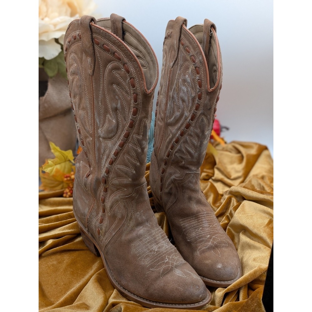 Sears Suede Cowboy Boots Women's 8B Distressed Tan Western Buck Stitch Vintage